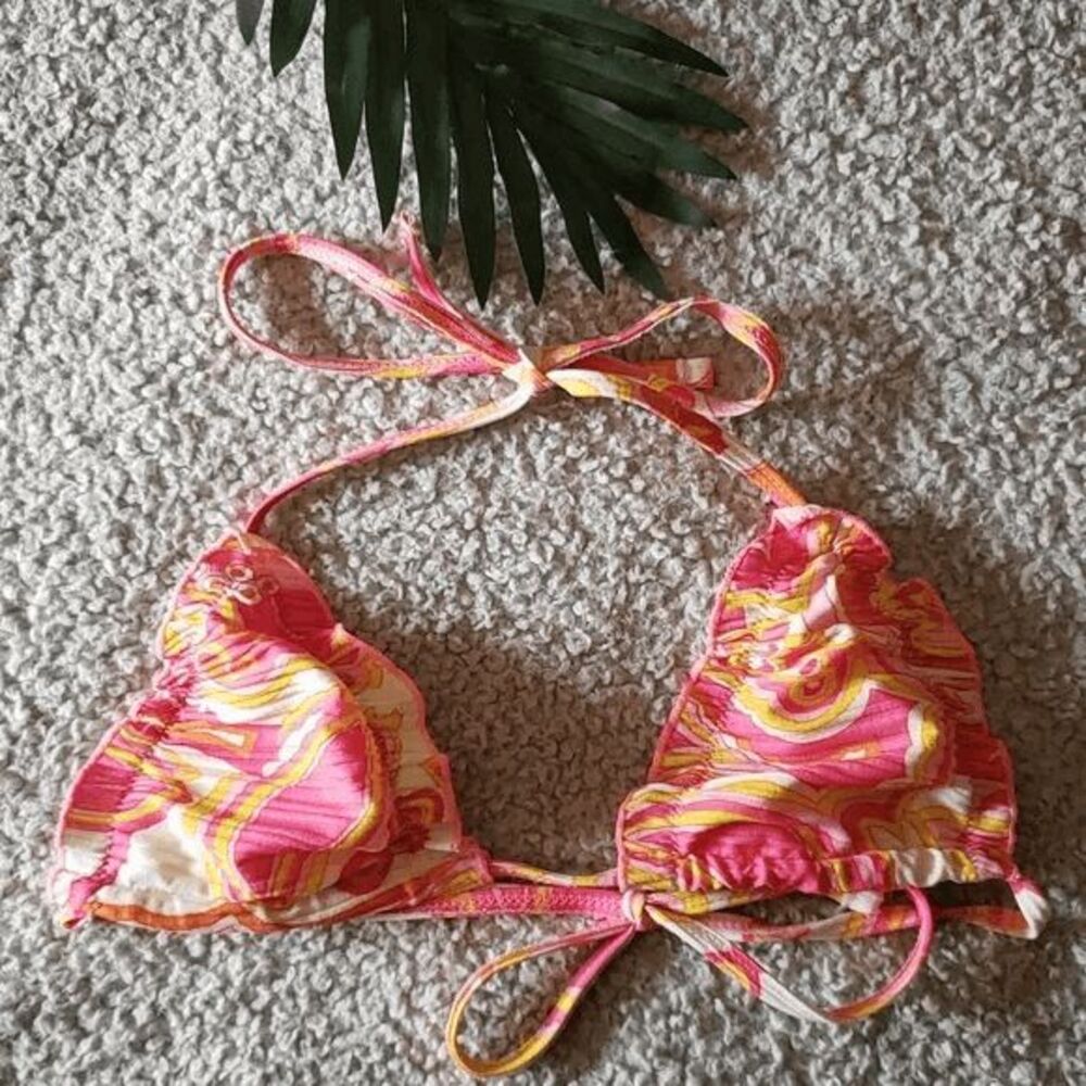 Groovy Swirls Ruffle Trim Ribbed Triangle Bikini Top